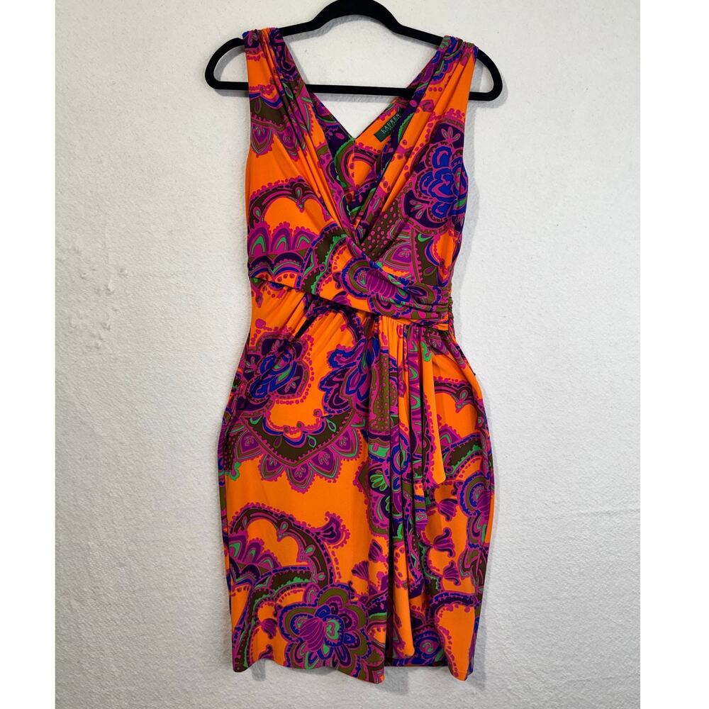 Ralph Lauren Vibrant Orange Paisley Print Sleeveless Faux Wrap Dress 10 Petite